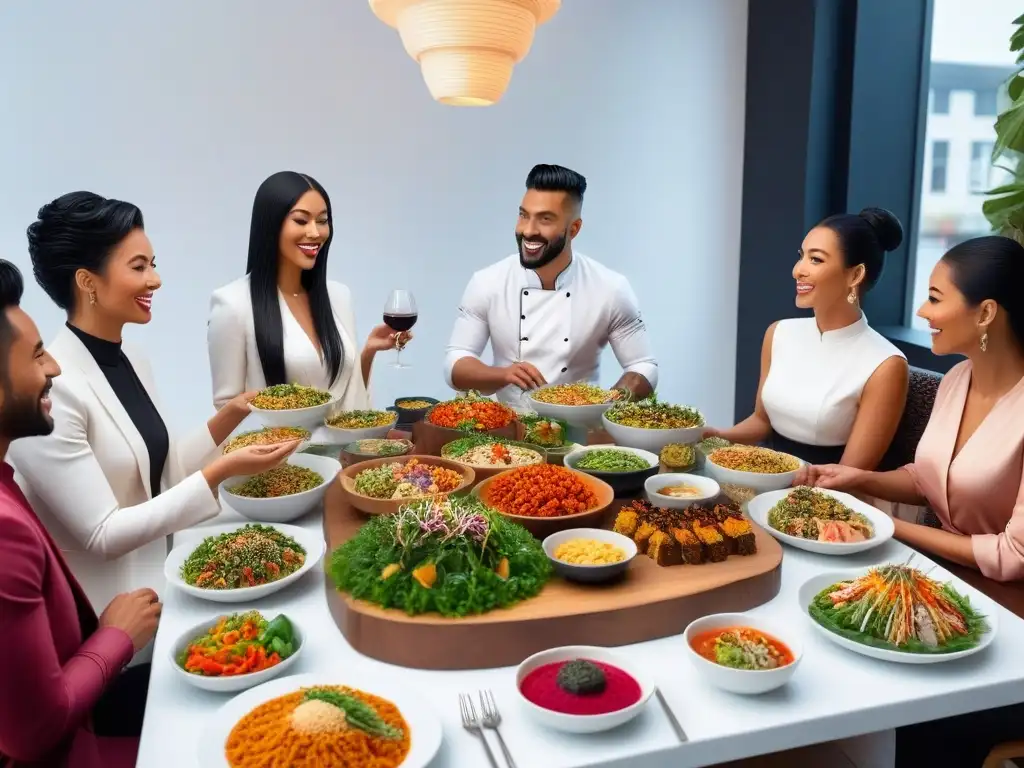 Un banquete vegano colorido y diverso en un restaurante moderno y luminoso