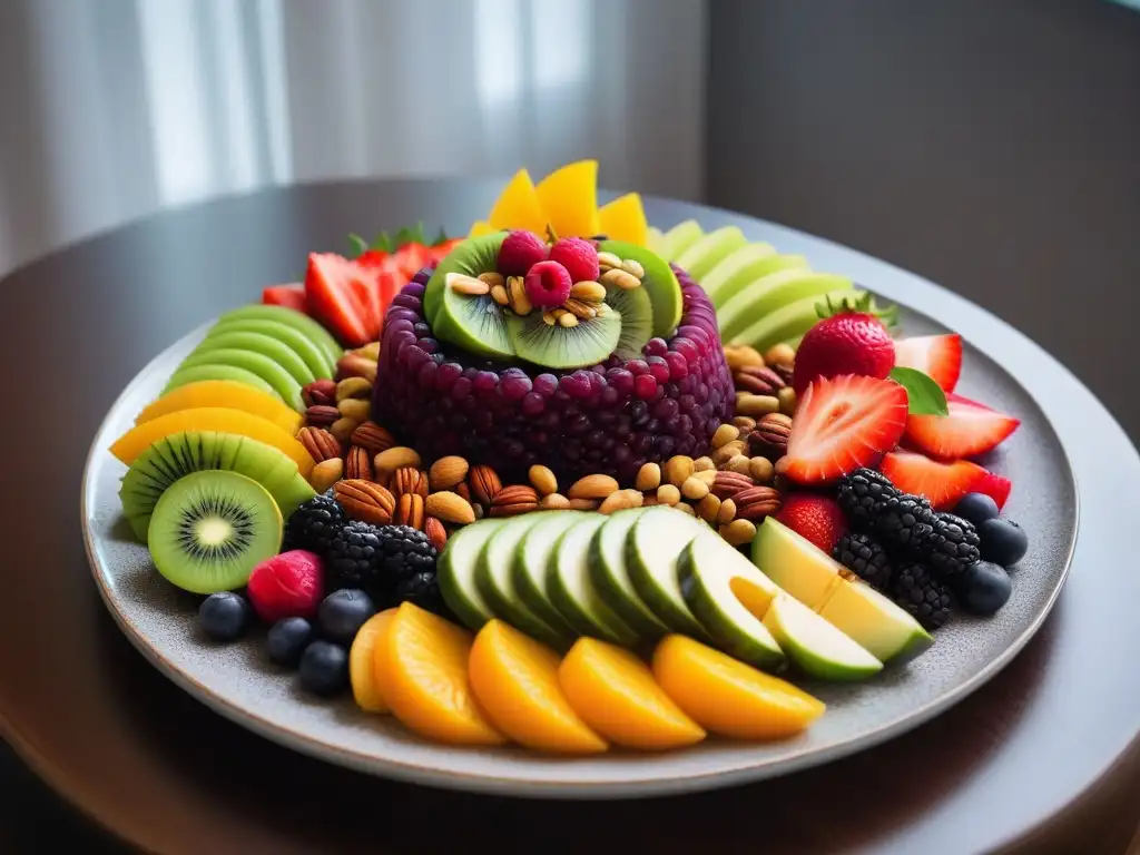 Banquete vegano crudo para celebraciones: exquisita presentación de plato con alimentos vibrantes y coloridos