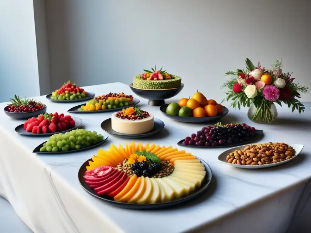 Un banquete vegano crudo para celebraciones, colorido y elegante, con frutas frescas y verduras en una mesa de mármol