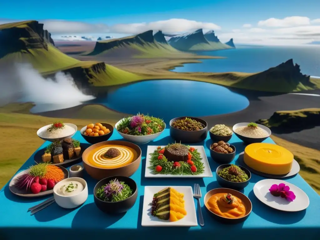 Un banquete vegano de lujo en Islandia: un festín vibrante y artístico en una mesa minimalista, rodeado de paisajes naturales impresionantes