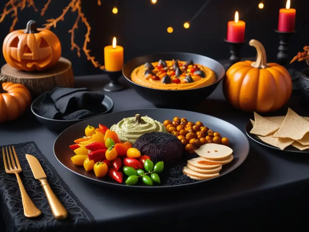 Un banquete vegano de Halloween en una mesa elegante y misteriosa con decoración festiva