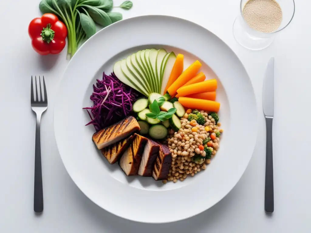 Un banquete vegano minimalista presentado con elegancia en un plato de cerámica blanco