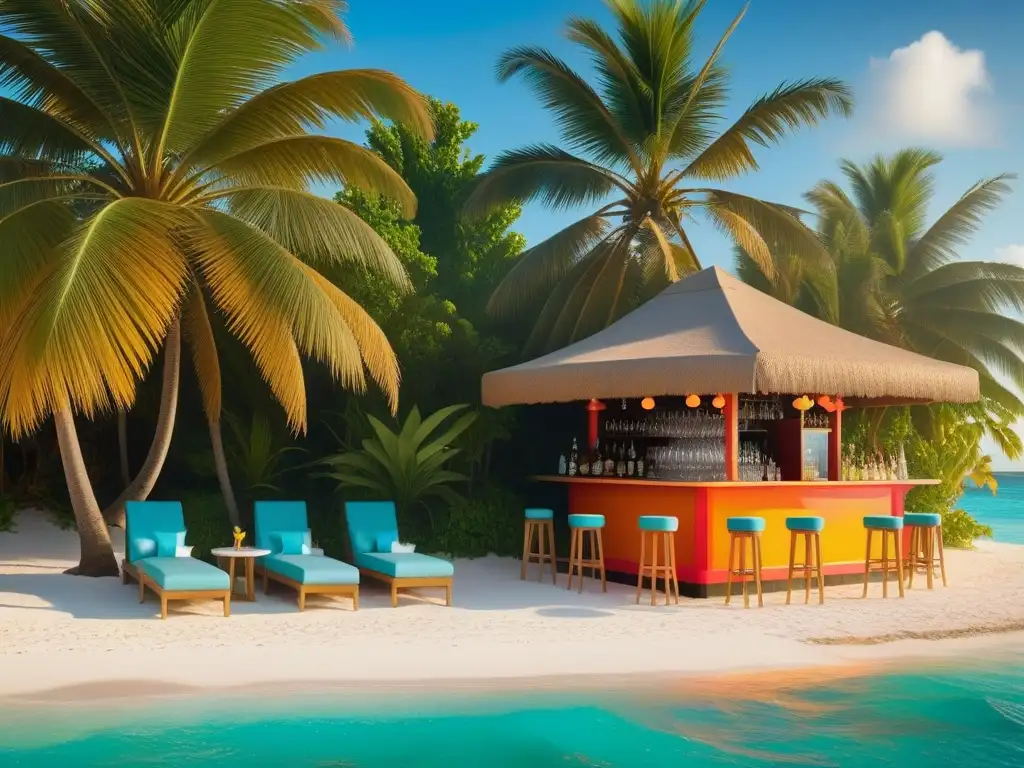 Un bar de playa caribeño vibrante al atardecer con cócteles veganos refrescantes y coloridos