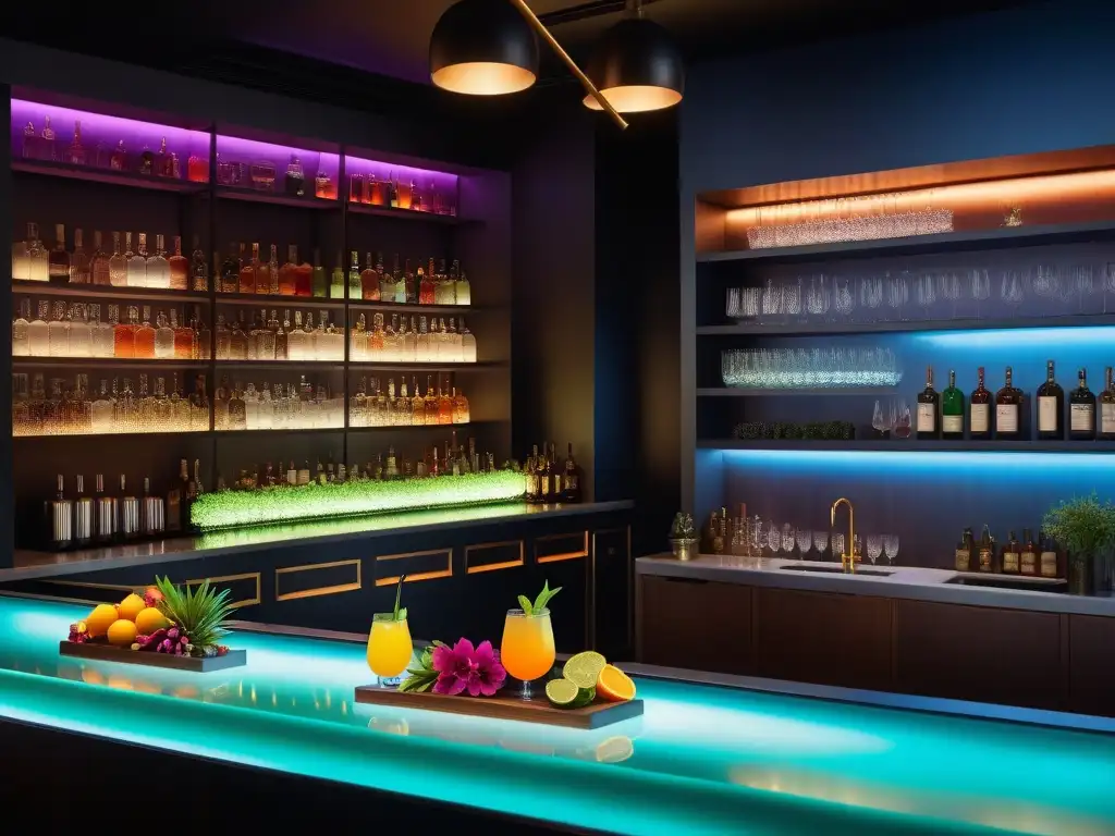 Una barra moderna con cocteles veganos innovadores, decoración industrial y luz ambiental