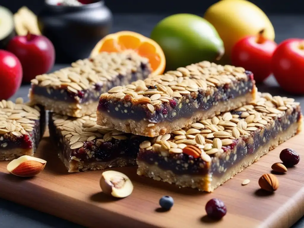 Barras energéticas veganas caseras decoradas con ingredientes naturales en una tabla de madera elegante