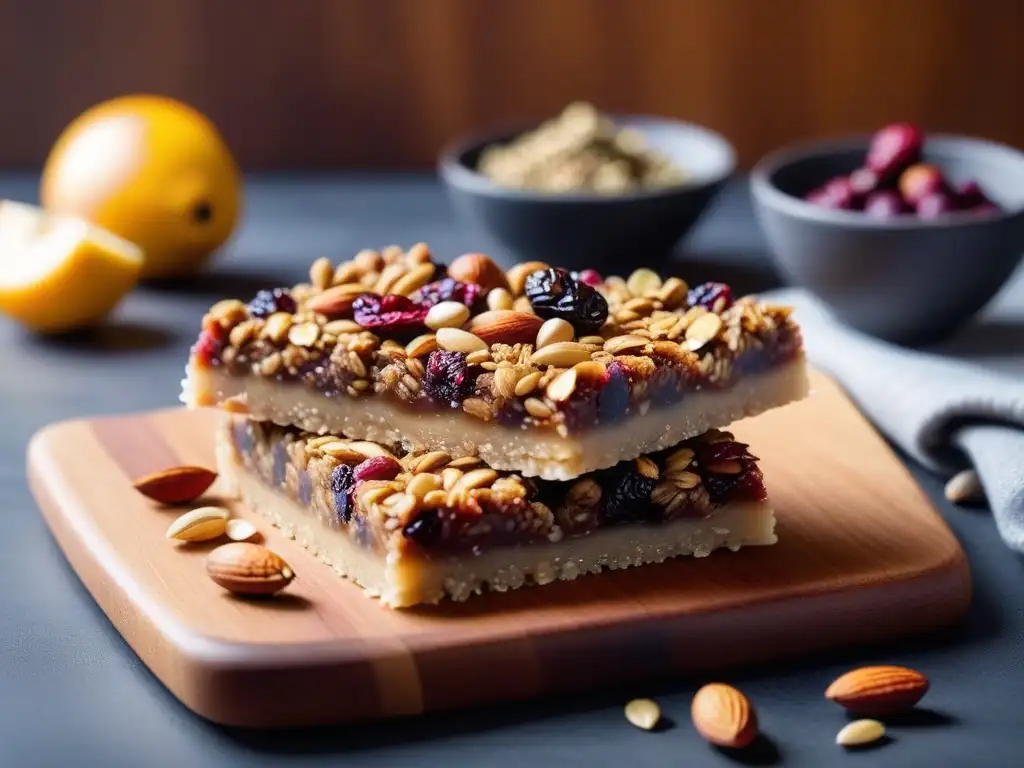 Barras energéticas veganas caseras: Deliciosa y nutritiva barra con nueces, semillas y frutas secas en tabla de madera