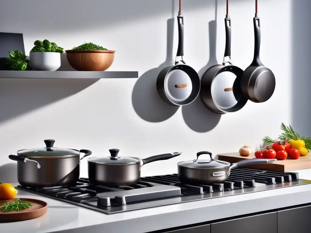 Baterías de cocina de titanio veganas brillan en cocina moderna y elegante, bajo cálida luz LED