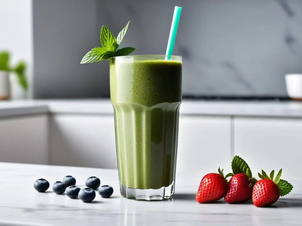 Un batido vegano energizante con superfoods: verde y rebosante de frutas frescas en una cocina luminosa