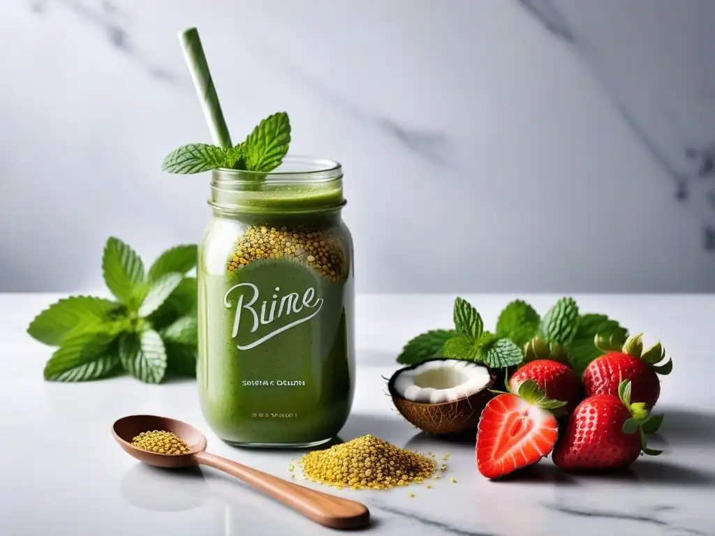 Batido verde energético con fresas, semillas de chía y coco en frasco de vidrio sobre encimera de mármol