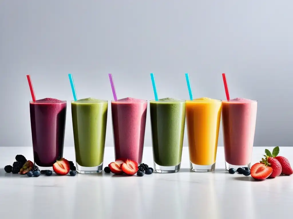 Batidos veganos nutrición deportiva: Vibrantes smoothies veganos coloridos con frutas frescas, semillas y nueces en un elegante mostrador blanco