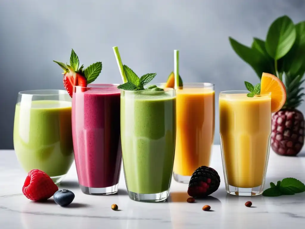 Batidos veganos energéticos deliciosos en elegantes vasos con frutas frescas y menta, sobre una encimera de mármol con vegetación exuberante