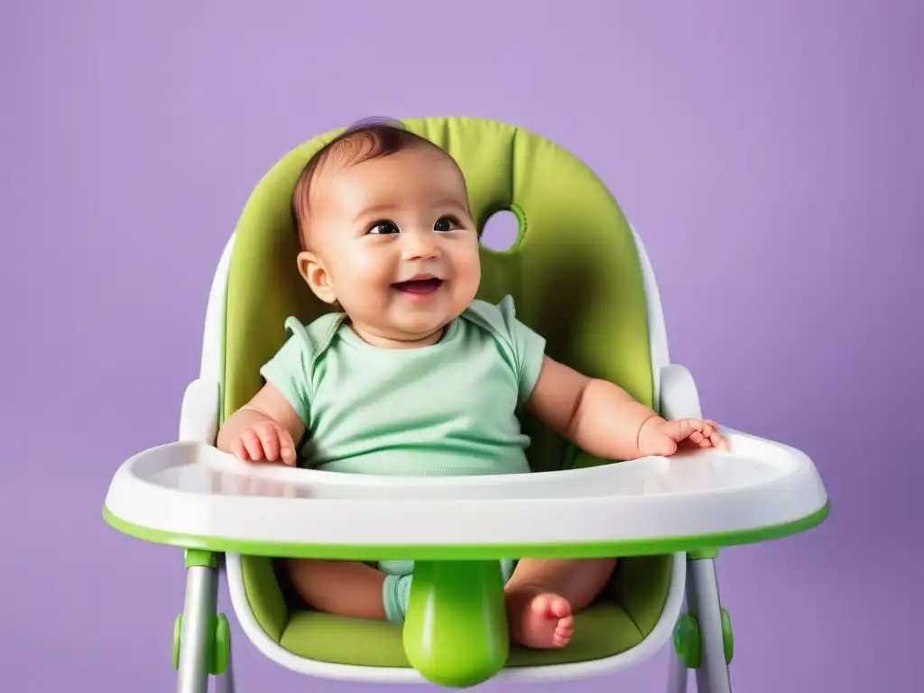 Un bebé sonriente en silla alta, alcanzando comida vegana colorida
