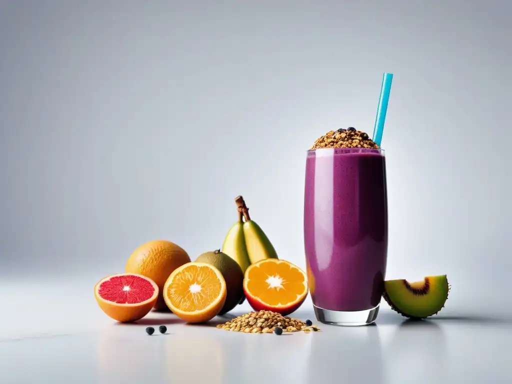 Bebidas veganas para entrenamiento: Smoothie energizante con frutas tropicales, semillas de chía y granola, en vaso de vidrio moderno