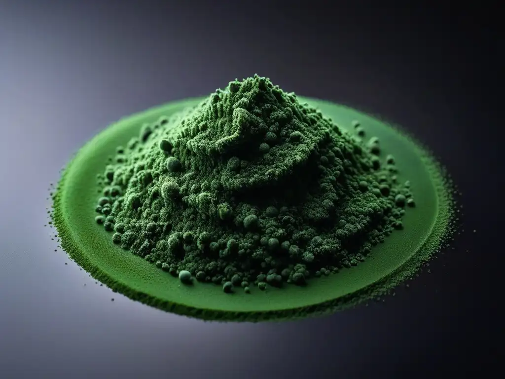 Beneficios de la espirulina vegana: Detalle vibrante de polvo verde espirulina sobre superficie negra mate, mostrando textura fina y color intenso