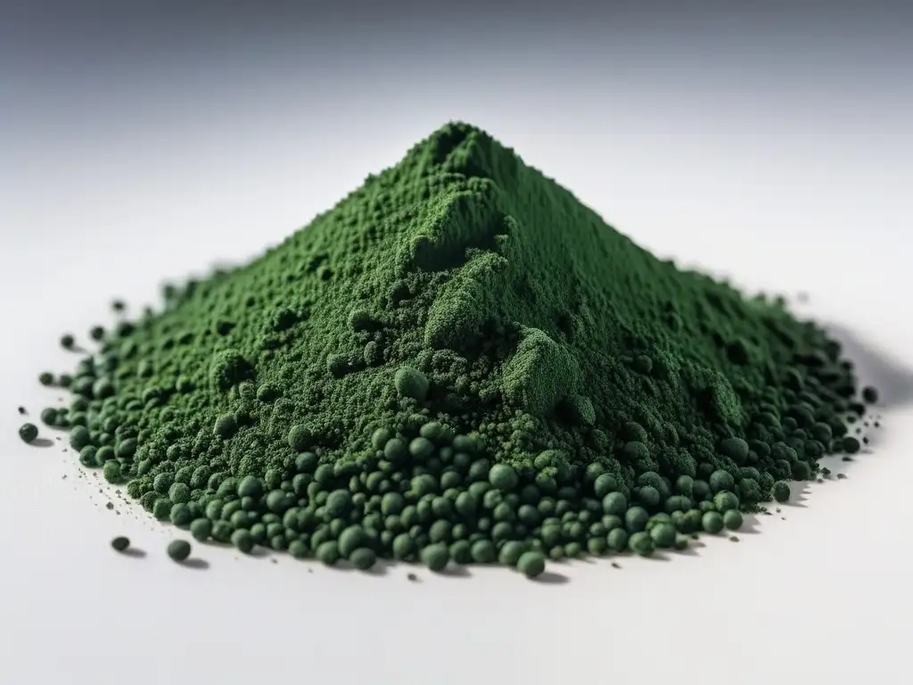 Beneficios de la espirulina vegana: polvo verde vibrante esparcido sobre superficie blanca, con luz natural creando sombras suaves