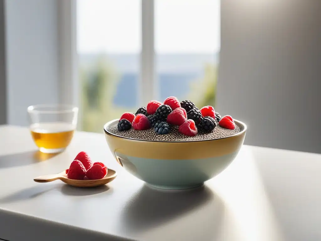 Disfruta de los beneficios de las semillas de chía en un desayuno saludable y colorido en una cocina moderna y luminosa