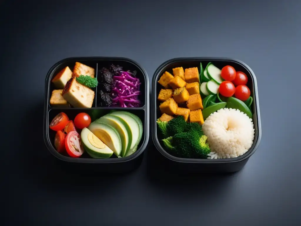 Un bento box con almuerzos veganos sin aceite: coloridas ensaladas, verduras asadas, quinoa y tofu, presentados de forma estética y moderna