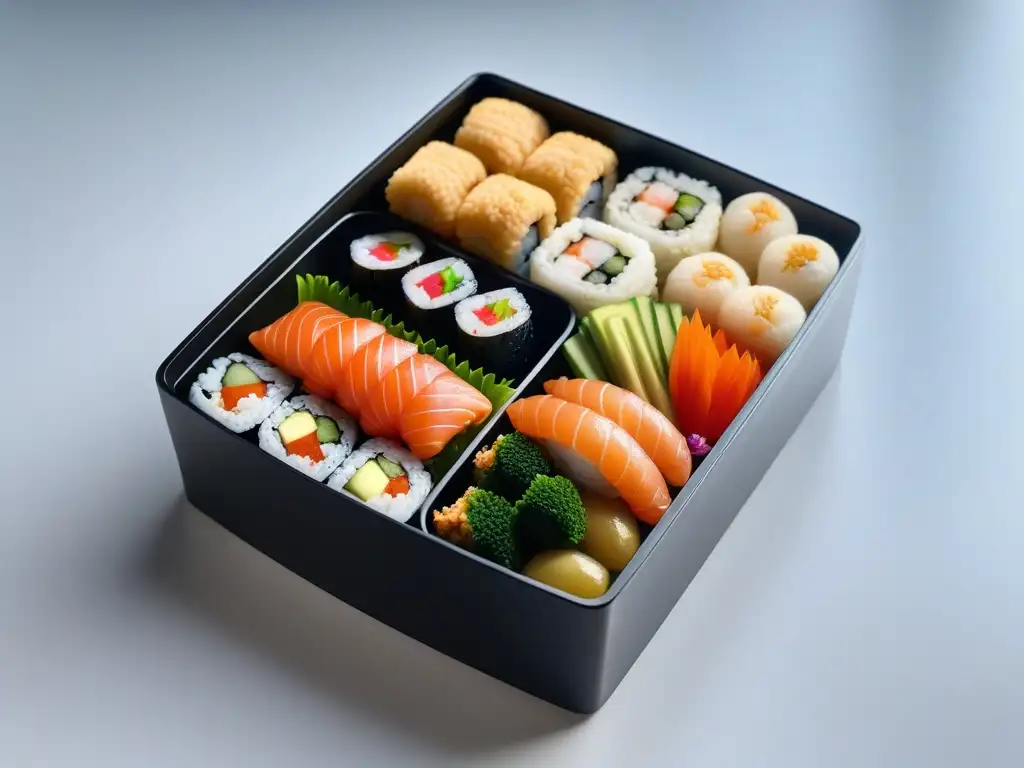 Un bento japonés vegano con sushi, onigiri y tempura, sobre fondo minimalista