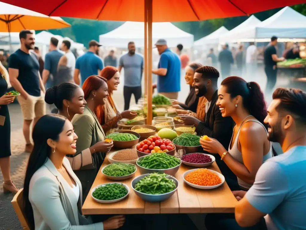 Contribuir al bienestar animal a través del veganismo en un vibrante mercado con gente diversa disfrutando de una comida saludable juntos