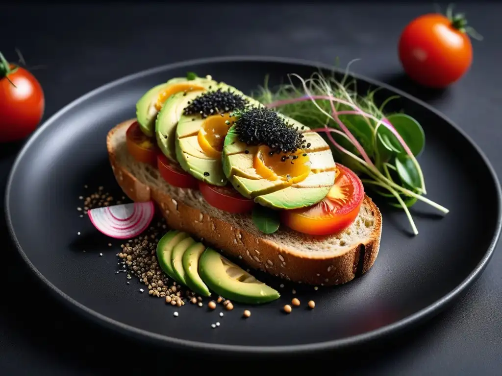 Un bocado de arte: tostada vegana creativa con aguacate, tomate, brotes y semillas, sobre pan integral