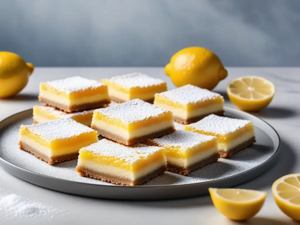 Un bodegón de alto contraste de unas sabrosas barritas de limón vegano recién horneadas, saludables y deliciosas