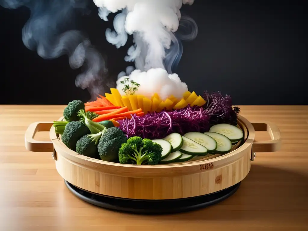 Un bodegón de coloridas verduras en un vaporera de bambú, evocando frescura y salud