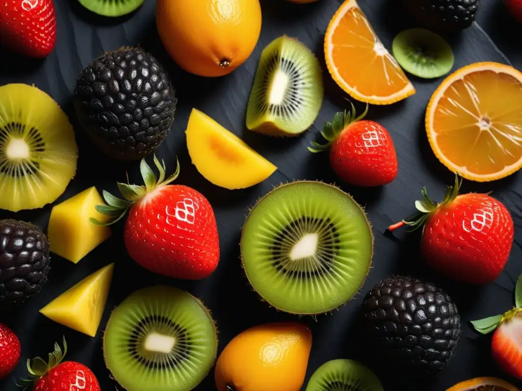 Un bodegón de frutas deshidratadas coloridas en patrón geométrico sobre superficie negra mate