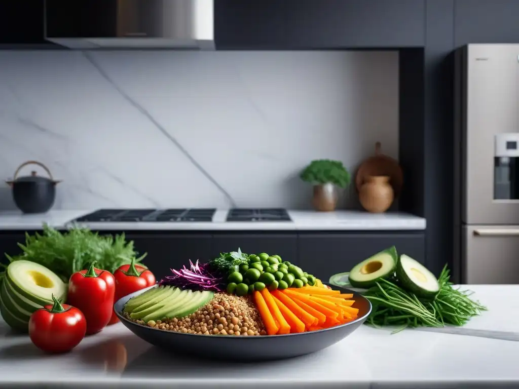 Un bol Buda lleno de ingredientes frescos y coloridos en una cocina moderna