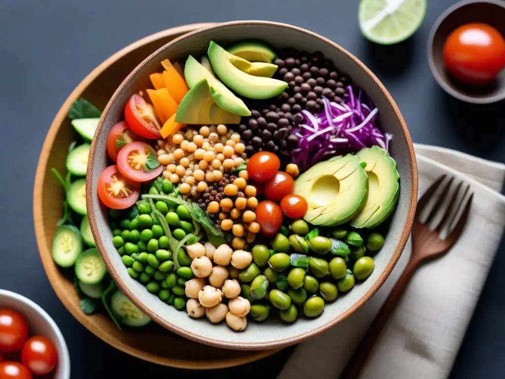 Un bol Buddha lleno de coloridas proteínas en dieta vegana completa, fresco y abundante