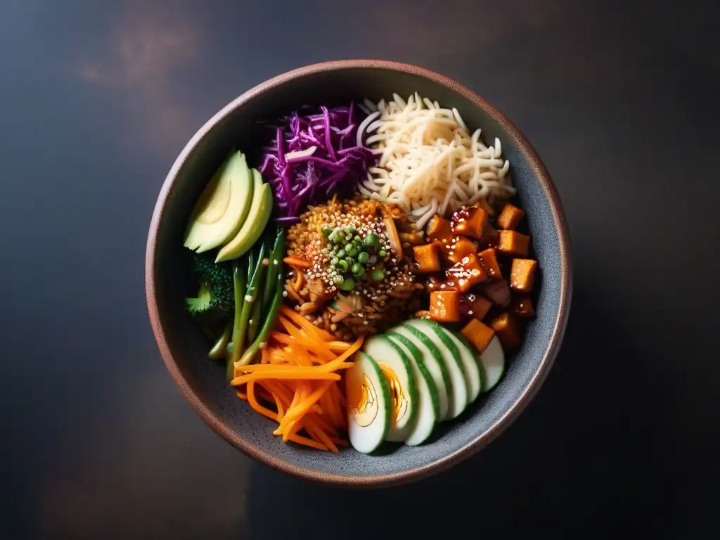 Bibimbap vegano coreano: explosión de sabores y colores Un bol coreano vegano delicioso con ingredientes coloridos y sabrosos, presentado de forma artística en un cuenco de piedra tradicional