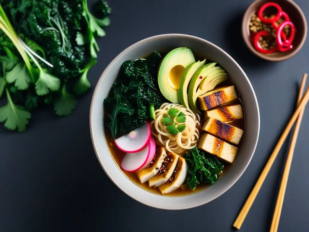 Un bol de ramen vegano gourmet con toppings vibrantes y coloridos, listo para deleitar los sentidos