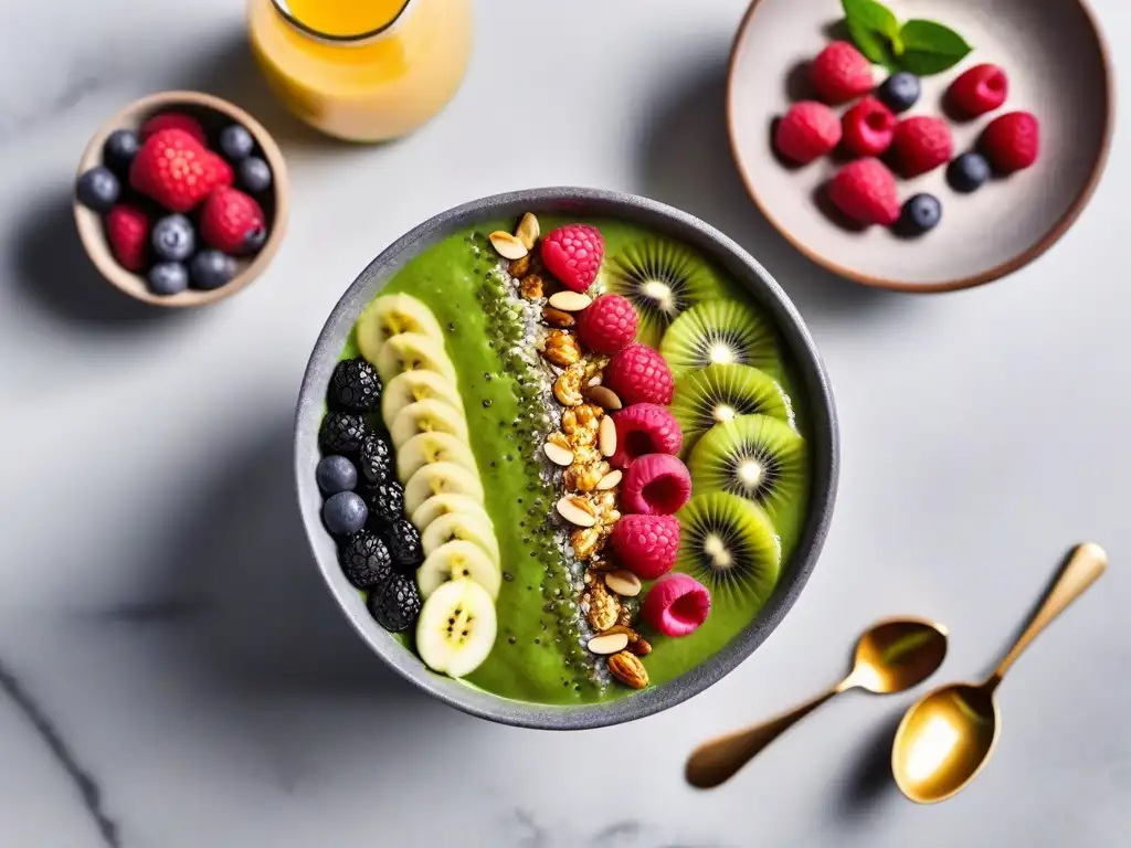 Un bol de smoothie verde vibrante con kiwi, semillas de chía, coco, miel, bayas, nueces y flores comestibles en una encimera de mármol, iluminado por luz natural, capturando la esencia de los batidos veganos superfoods energía