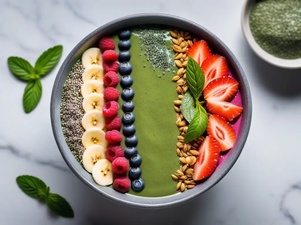 Un bol de smoothie vibrante con superfoods, como chía, bayas de goji y espirulina, sobre encimera de mármol