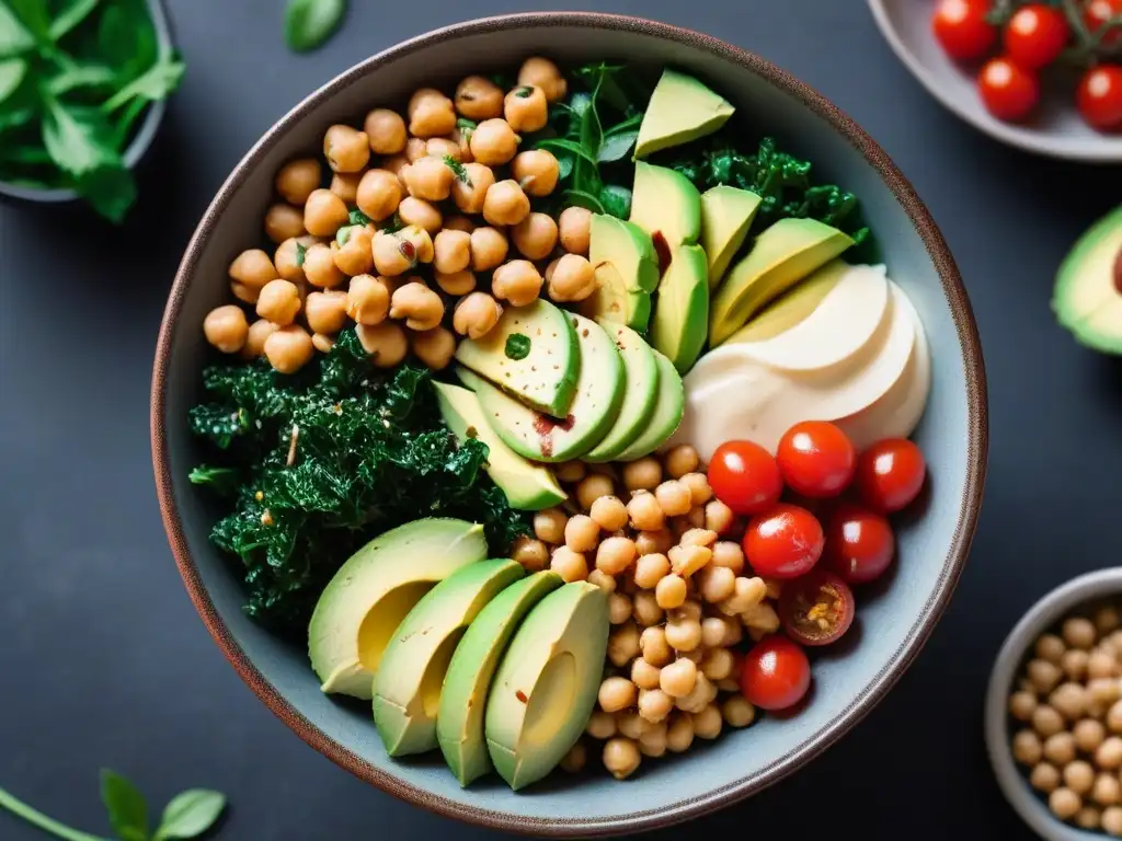 Un bol vegano equilibra macronutrientes con quinoa, aguacate y tomates, en un escenario minimalista