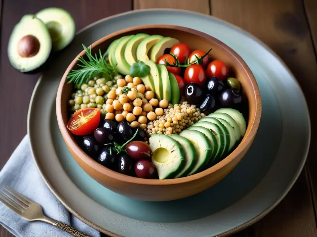 Un bol vegano mediterráneo con aguacate, tomates cherry, pepino, aceitunas, garbanzos, quinoa y aderezo de limón-hierbas