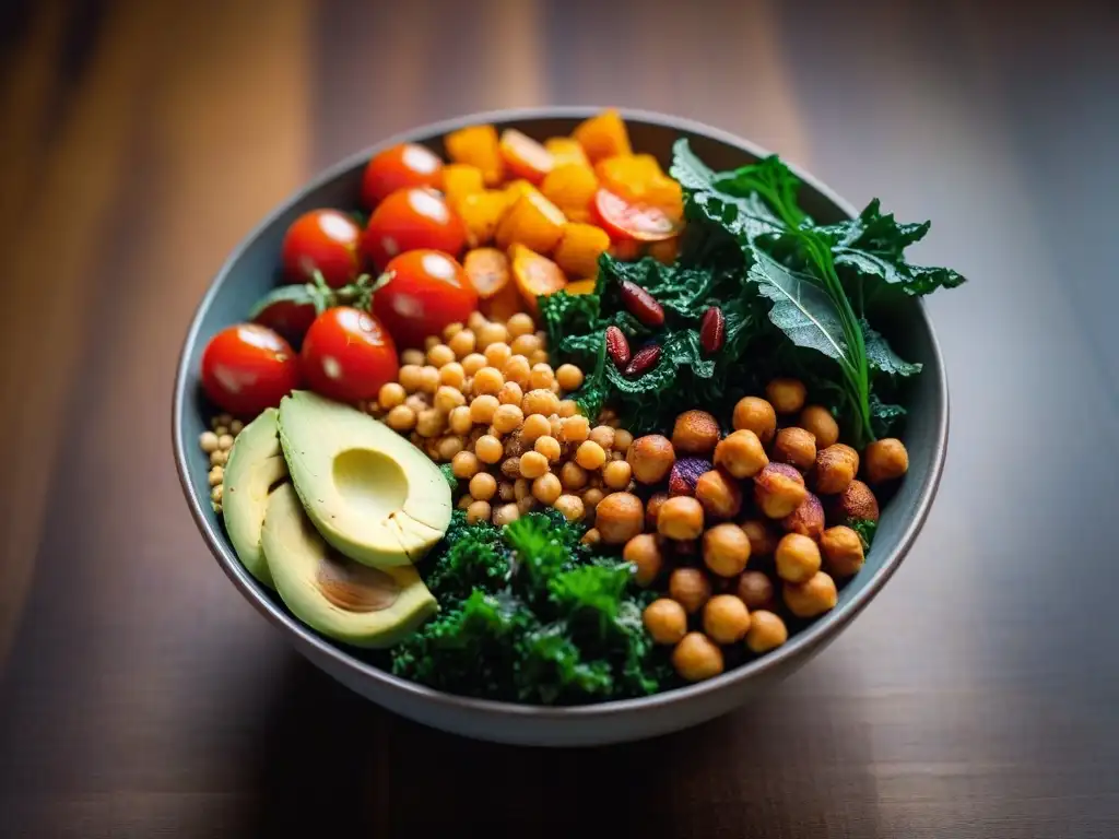 Un bol vegano vibrante con superalimentos: quinoa, batata, aguacate, tomates, garbanzos, kale y aderezo de tahini en una mesa de madera