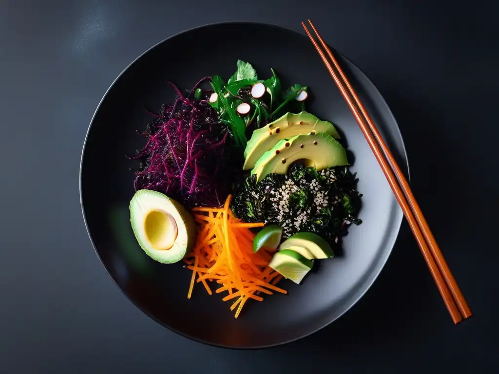 Un bol vibrante de ensalada de algas veganas con nori, wakame y dulse, aguacate, jengibre encurtido y aderezo de soya