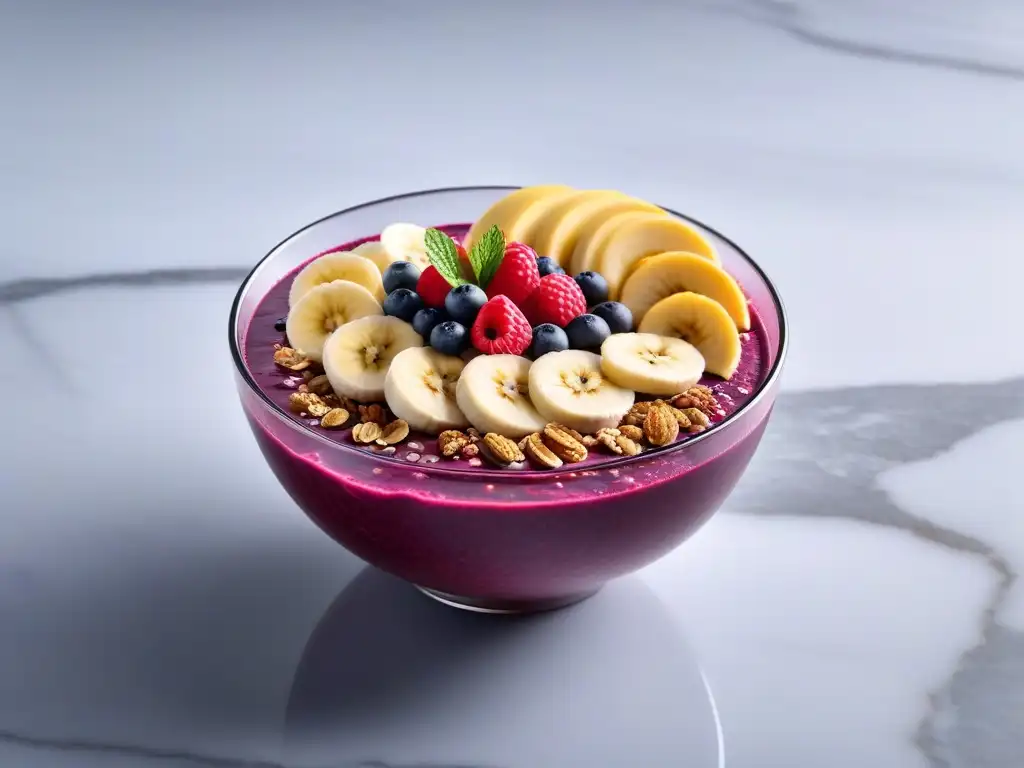 Un bol de açaí vibrante con frutas frescas, granola crujiente y miel, sobre una elegante encimera de mármol