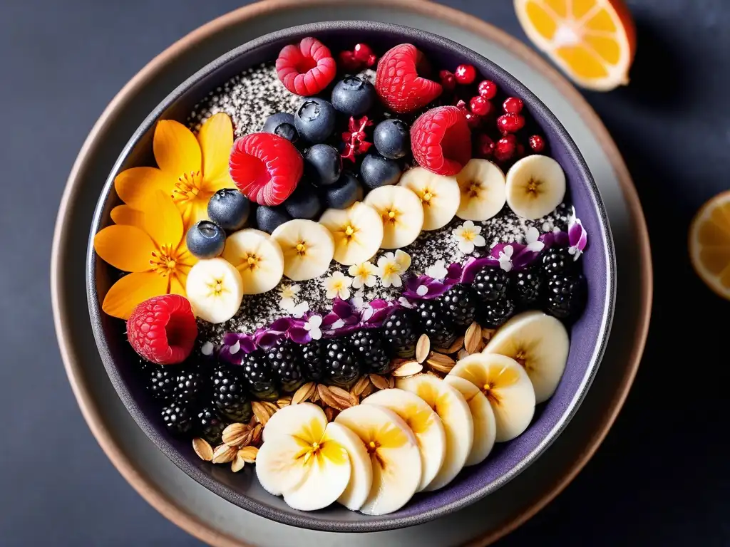 Un bol vibrante de açai con bayas, coco, semillas de chía y flores comestibles