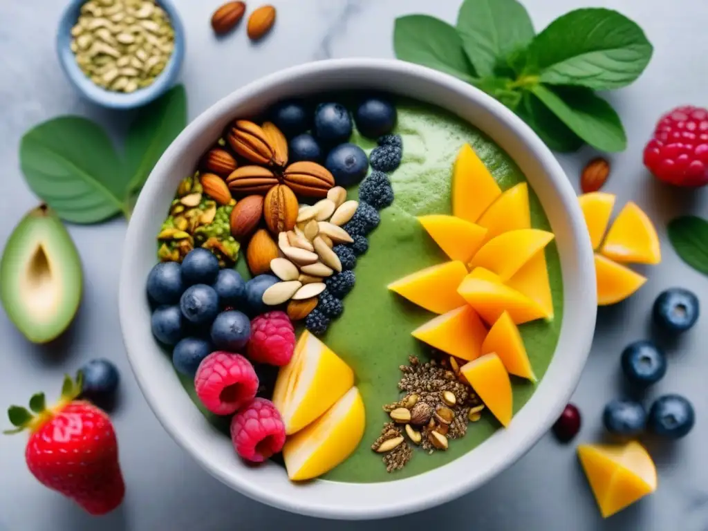 Un bol vibrante de smoothie vegano rodeado de ingredientes frescos y adaptógenos