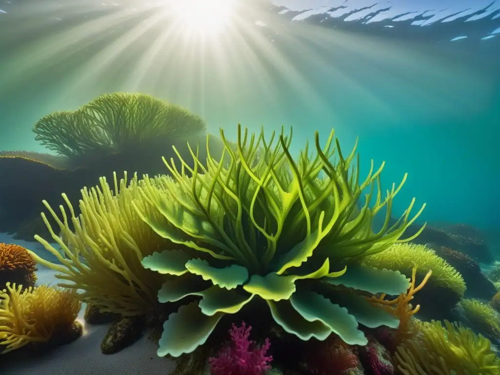 Un bosque de algas marinas verdes vibrantes bajo el agua, con texturas e intensos tonos verdes iluminados por el sol