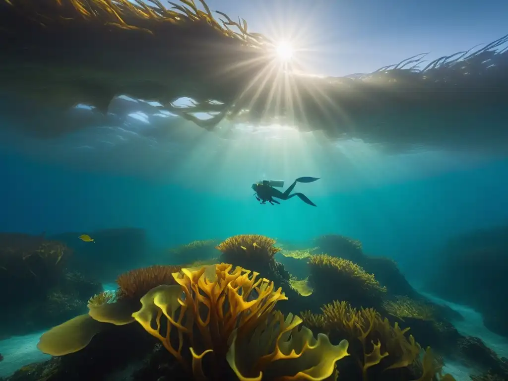 Un bosque de algas submarino vibrante y exuberante, mostrando la vida marina entre las algas