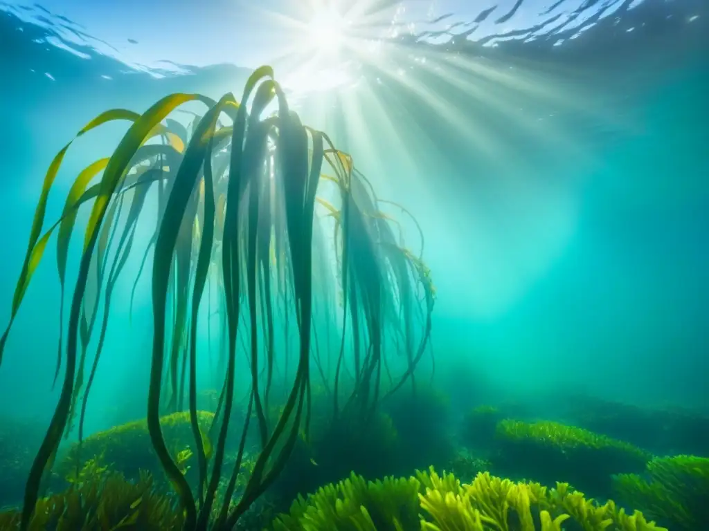 Un bosque de algas submarino vibrante, con colores y texturas únicas