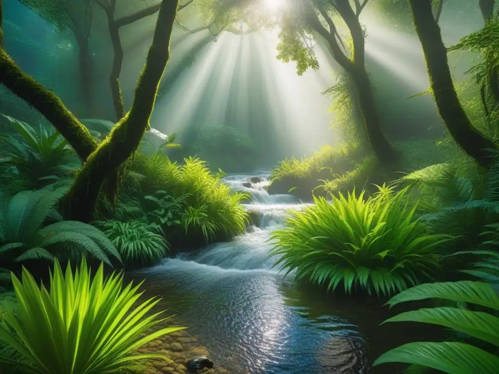 Un bosque exuberante con un arroyo cristalino, vida silvestre diversa y luz solar filtrada