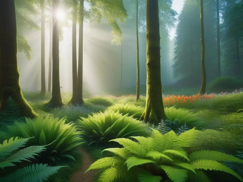 Un bosque exuberante y detallado con una variedad de árboles altos, flores coloridas y vida silvestre, iluminado por la luz del sol