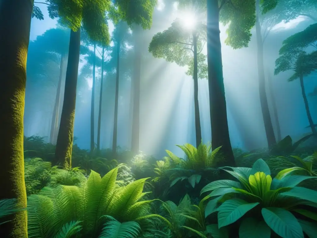 Bosque exuberante con diversa vida vegetal y animal, sol brillante, resaltando los beneficios del veganismo para la salud y el planeta