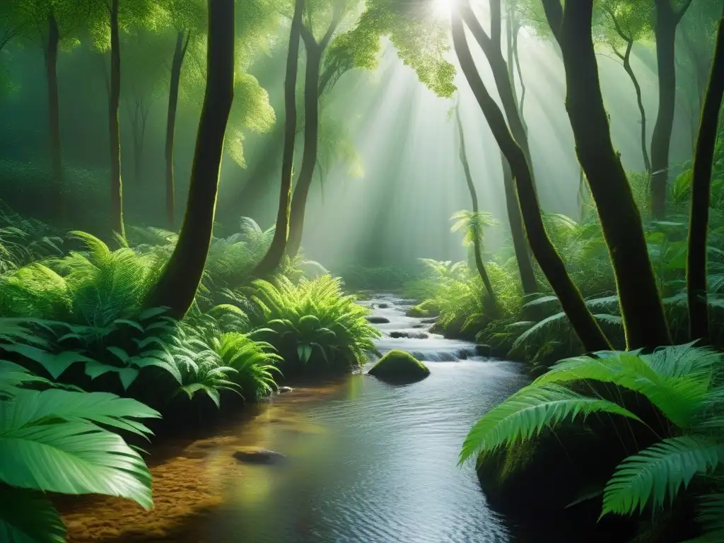 Un bosque exuberante con diversidad de plantas, luz solar filtrándose entre el dosel, un arroyo y aves coloridas