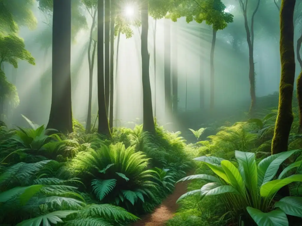 Un bosque exuberante con una diversidad de vida animal y vegetal, transmitiendo paz y sostenibilidad