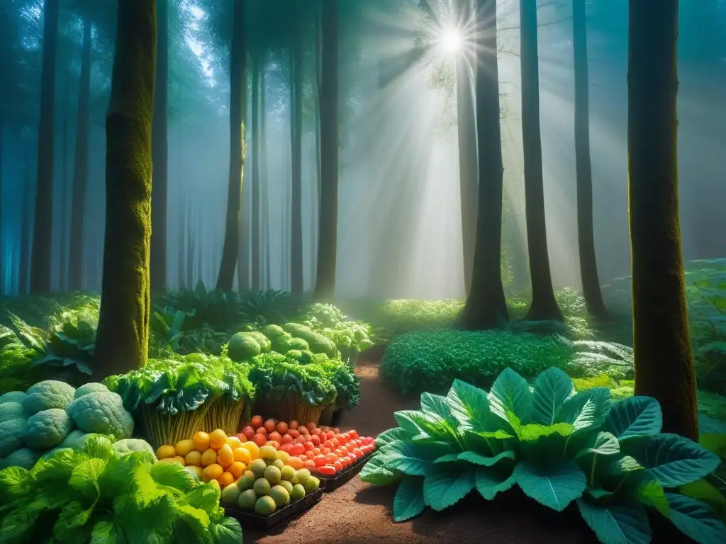 Un bosque exuberante con frutas y vegetales coloridos en el suelo, transmitiendo armonía y sostenibilidad