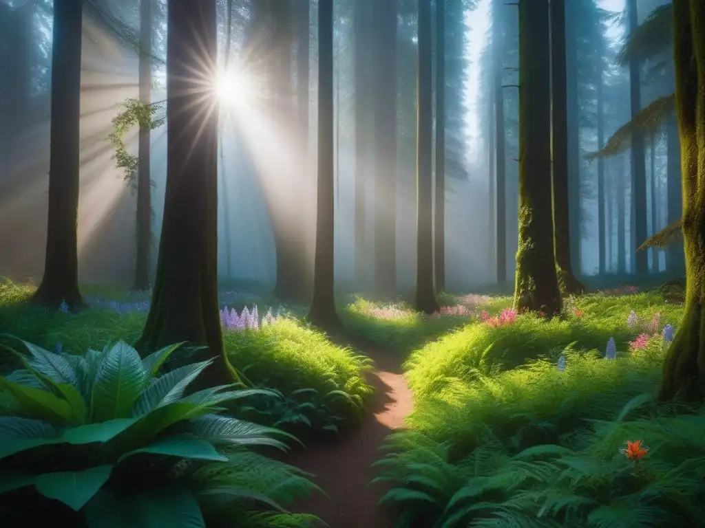 Un bosque exuberante e intocado, lleno de árboles altos, flores coloridas y vida silvestre, resaltando la importancia de preservar los ecosistemas